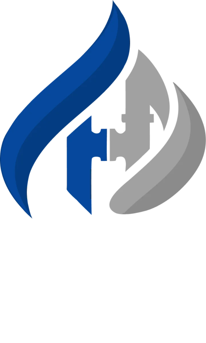 Logo firmy przedstawiające stylizowane trzy płomienie w kształcie puzzli nad napisem nazwy firmy